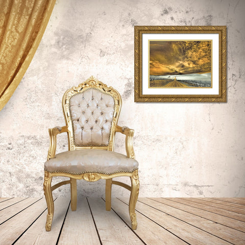 USA-Washington State-Palouse-Backcountry road through wheat field and clouds Gold Ornate Wood Framed Art Print with Double Matting by Eggers, Terry