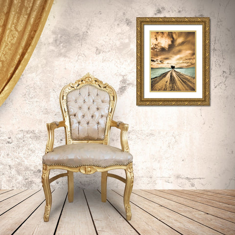 USA-Washington State-Palouse-Backcountry road through wheat field with lone tree and clouds Gold Ornate Wood Framed Art Print with Double Matting by Eggers, Terry