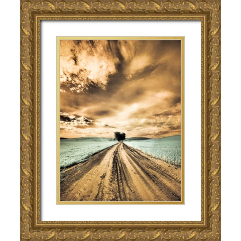 USA-Washington State-Palouse-Backcountry road through wheat field with lone tree and clouds Gold Ornate Wood Framed Art Print with Double Matting by Eggers, Terry