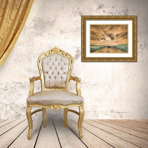 USA-Washington State-Palouse-Backcountry road through canola field and clouds Gold Ornate Wood Framed Art Print with Double Matting by Eggers, Terry