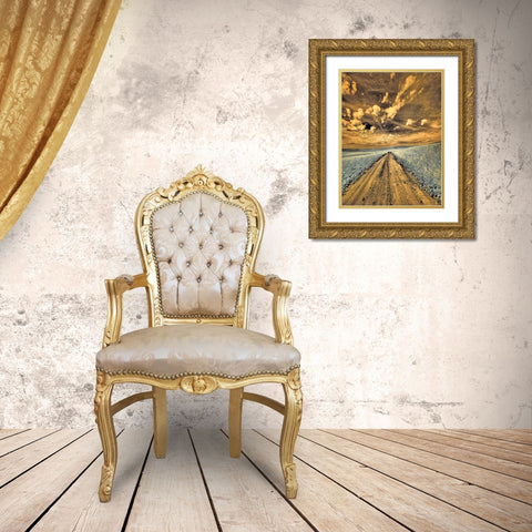 USA-Washington State-Palouse-Backcountry road through canola field and clouds Gold Ornate Wood Framed Art Print with Double Matting by Eggers, Terry