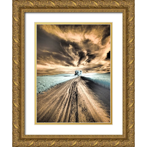 USA-Washington State-Palouse region-Backcountry road leading to Lone Tree Gold Ornate Wood Framed Art Print with Double Matting by Eggers, Terry