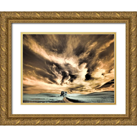 USA-Washington State-Palouse region-Backcountry road leading to Lone Tree Gold Ornate Wood Framed Art Print with Double Matting by Eggers, Terry