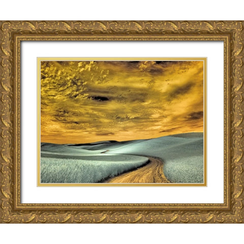 USA-Washington State-Palouse region-winding backcountry road through wheat fields Gold Ornate Wood Framed Art Print with Double Matting by Eggers, Terry