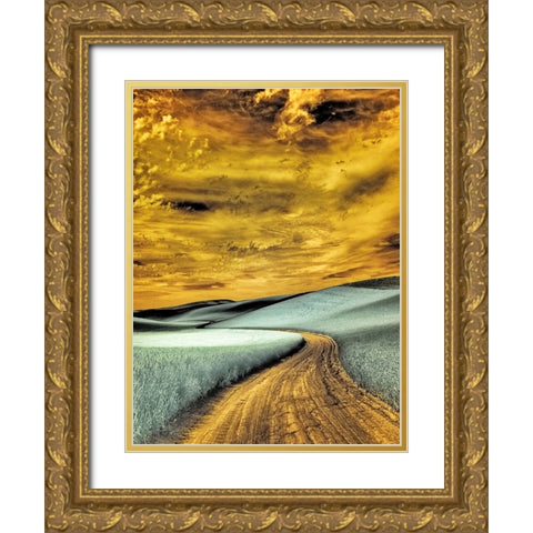 USA-Washington State-Palouse region-winding backcountry road through wheat fields Gold Ornate Wood Framed Art Print with Double Matting by Eggers, Terry