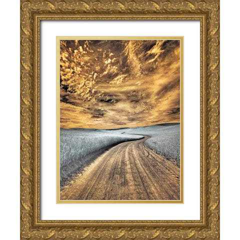 USA-Washington State-Palouse region-winding backcountry road through wheat fields Gold Ornate Wood Framed Art Print with Double Matting by Eggers, Terry