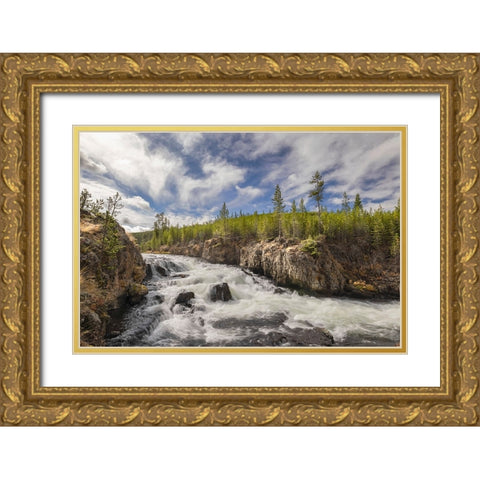 Cascading Firehole River and clouds-Yellowstone National Park-Wyoming Gold Ornate Wood Framed Art Print with Double Matting by Jones, Adam