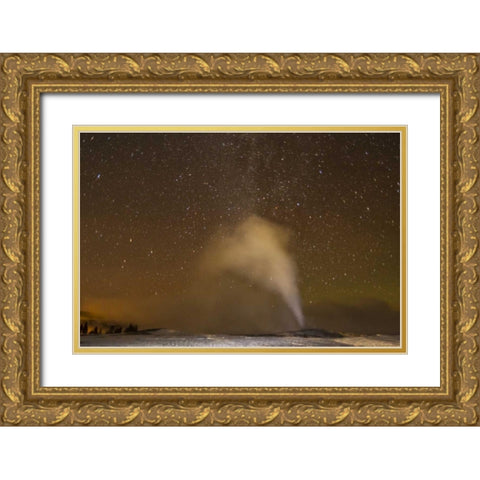 Wyoming, Yellowstone Old Faithful Geyser, night Gold Ornate Wood Framed Art Print with Double Matting by Illg, Cathy and Gordon