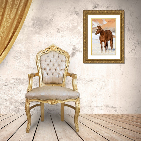 USA- Wyoming. Hideout Horse Ranch- horse in snow. Gold Ornate Wood Framed Art Print with Double Matting by Looney, Hollice