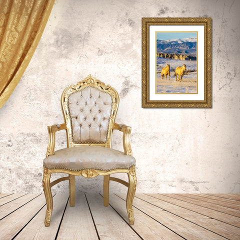 USA- Wyoming. Hideout Horse Ranch- horses in snow. Gold Ornate Wood Framed Art Print with Double Matting by Looney, Hollice