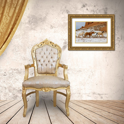 USA- Wyoming. Hideout Horse Ranch- horses in snow. Gold Ornate Wood Framed Art Print with Double Matting by Looney, Hollice