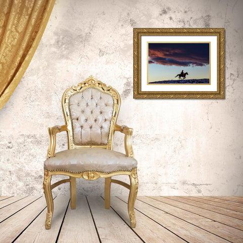 USA- Wyoming. Hideout Horse Ranch- wrangler and horse at sunset. Gold Ornate Wood Framed Art Print with Double Matting by Looney, Hollice