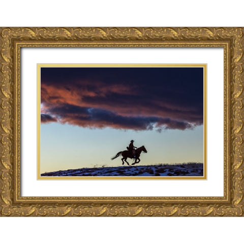 USA- Wyoming. Hideout Horse Ranch- wrangler and horse at sunset. Gold Ornate Wood Framed Art Print with Double Matting by Looney, Hollice