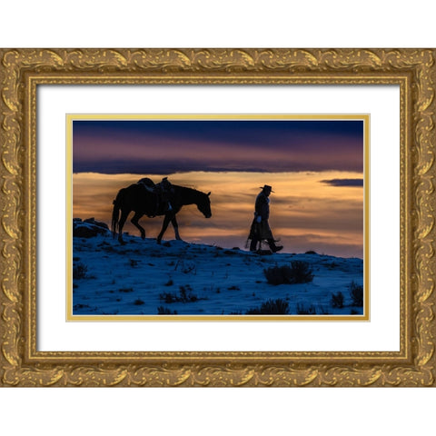 USA- Wyoming. Hideout Horse Ranch- wrangler and horse at sunset. Gold Ornate Wood Framed Art Print with Double Matting by Looney, Hollice