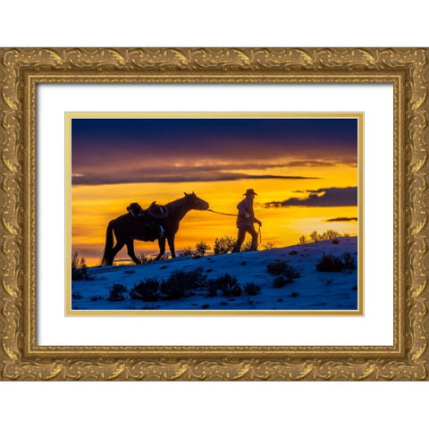 USA- Wyoming. Hideout Horse Ranch- wrangler and horse at sunset. Gold Ornate Wood Framed Art Print with Double Matting by Looney, Hollice
