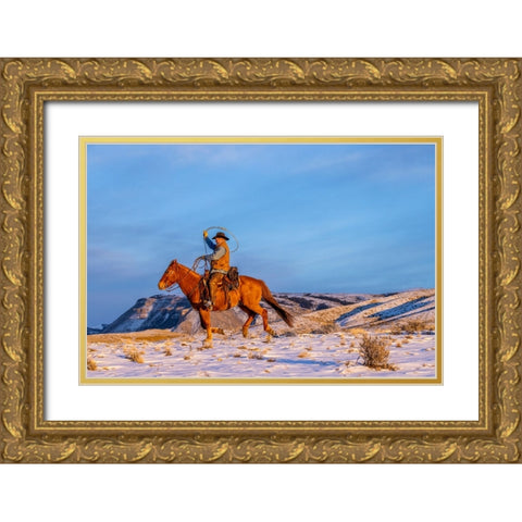 USA- Wyoming. Hideout Horse Ranch- wrangler and horse in snow. Gold Ornate Wood Framed Art Print with Double Matting by Looney, Hollice