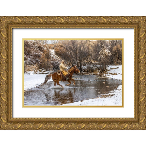 USA- Wyoming. Hideout Horse Ranch- wrangler crossing the stream on horseback. Gold Ornate Wood Framed Art Print with Double Matting by Looney, Hollice