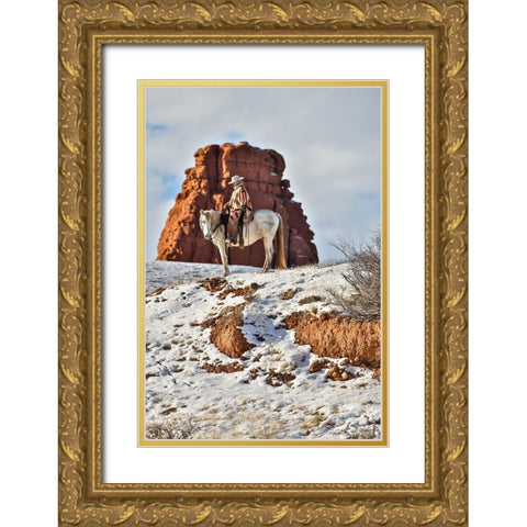 USA- Wyoming. Hideout Horse Ranch- wrangler on horseback in snow. Gold Ornate Wood Framed Art Print with Double Matting by Looney, Hollice