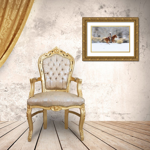 USA- Wyoming. Hideout Horse Ranch- wrangler on horseback in snow. Gold Ornate Wood Framed Art Print with Double Matting by Looney, Hollice