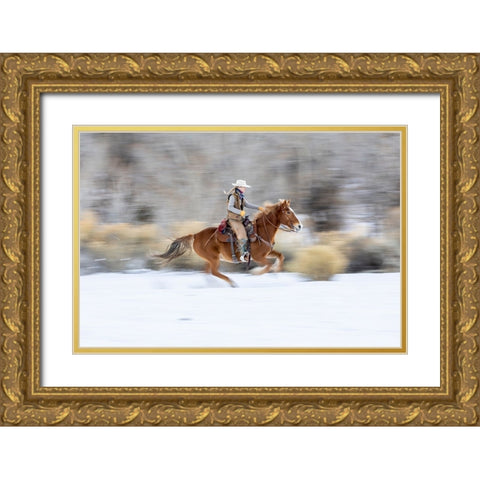 USA- Wyoming. Hideout Horse Ranch- wrangler on horseback in snow. Gold Ornate Wood Framed Art Print with Double Matting by Looney, Hollice