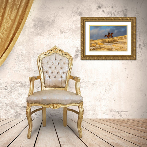 USA- Wyoming. Hideout Horse Ranch- wrangler on horseback in snow. Gold Ornate Wood Framed Art Print with Double Matting by Looney, Hollice