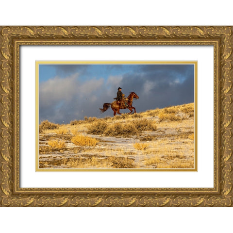 USA- Wyoming. Hideout Horse Ranch- wrangler on horseback in snow. Gold Ornate Wood Framed Art Print with Double Matting by Looney, Hollice