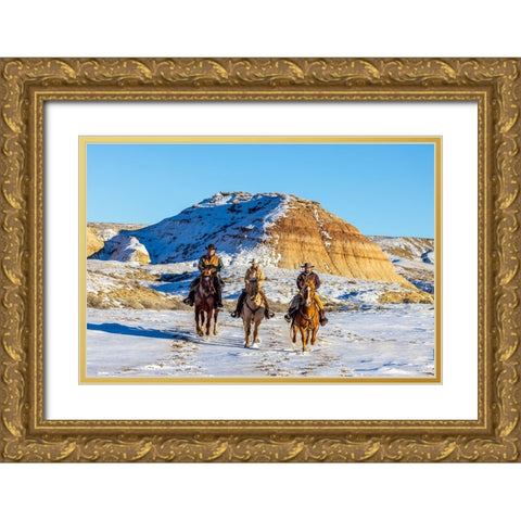 USA- Wyoming. Hideout Horse Ranch- wranglers and horses in snow. Gold Ornate Wood Framed Art Print with Double Matting by Looney, Hollice