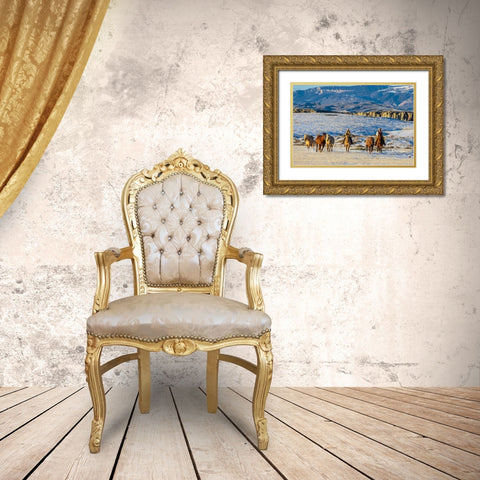 USA- Wyoming. Hideout Horse Ranch- wranglers and horses. Gold Ornate Wood Framed Art Print with Double Matting by Looney, Hollice