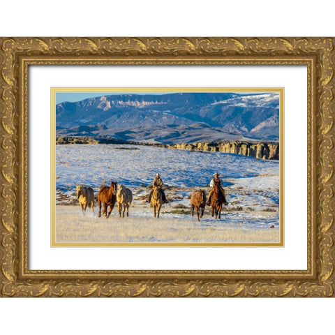 USA- Wyoming. Hideout Horse Ranch- wranglers and horses. Gold Ornate Wood Framed Art Print with Double Matting by Looney, Hollice