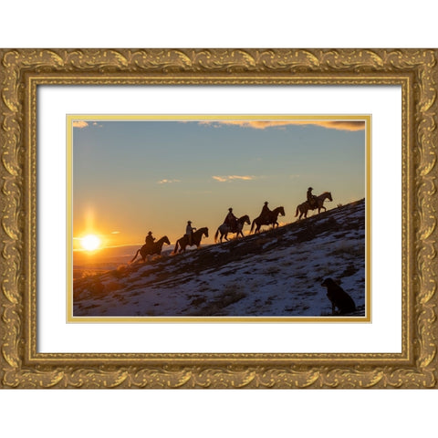 USA- Wyoming. Hideout Horse Ranch- wranglers on horseback in snow at sunset. Gold Ornate Wood Framed Art Print with Double Matting by Looney, Hollice
