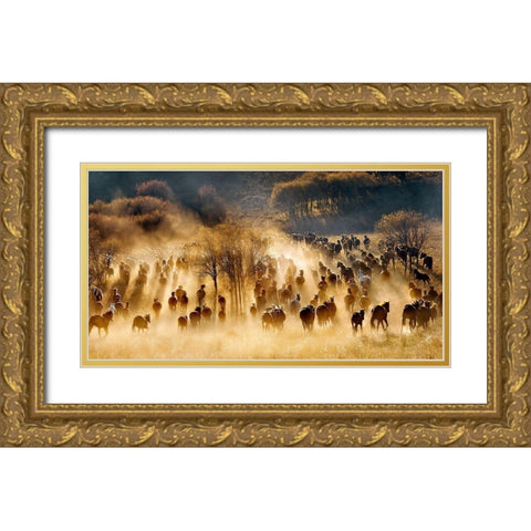 Horses Gold Ornate Wood Framed Art Print with Double Matting by Zhu, Hua