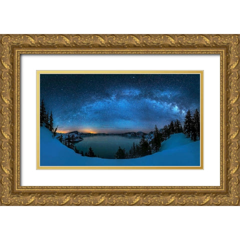 Starry Night Over The Crater Lake Gold Ornate Wood Framed Art Print with Double Matting by Zhu, Hua