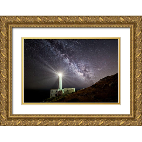 The Lighthouse And The Milky Way Gold Ornate Wood Framed Art Print with Double Matting by Chiriaco, Luigi