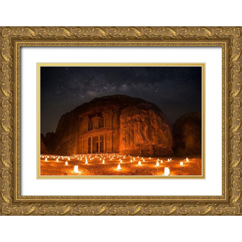 Petra By Night Gold Ornate Wood Framed Art Print with Double Matting by Jamal, Khalid