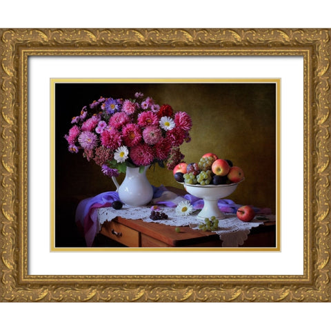 Still Life With A Bouquet Of Asters And Fruits Gold Ornate Wood Framed Art Print with Double Matting by Skorokhod, Tatyana