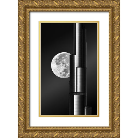Super Moon Burjkhalifa Gold Ornate Wood Framed Art Print with Double Matting by Anjum, Zohaib