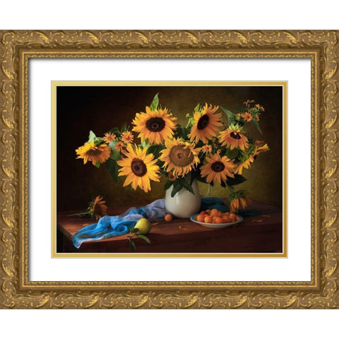 Still Life With Sunflowers And Yellow Plums Gold Ornate Wood Framed Art Print with Double Matting by Skorokhod, Tatyana