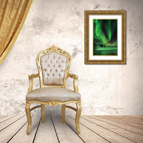Northern Light On Godafoss Gold Ornate Wood Framed Art Print with Double Matting by Zhu, Hua