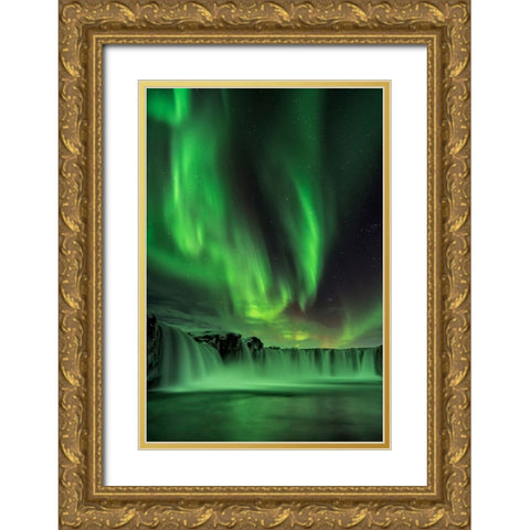 Northern Light On Godafoss Gold Ornate Wood Framed Art Print with Double Matting by Zhu, Hua