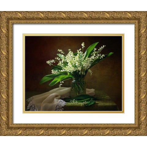 With A Bouquet Of Lilies Of The Valley Gold Ornate Wood Framed Art Print with Double Matting by Skorokhod, Tatyana