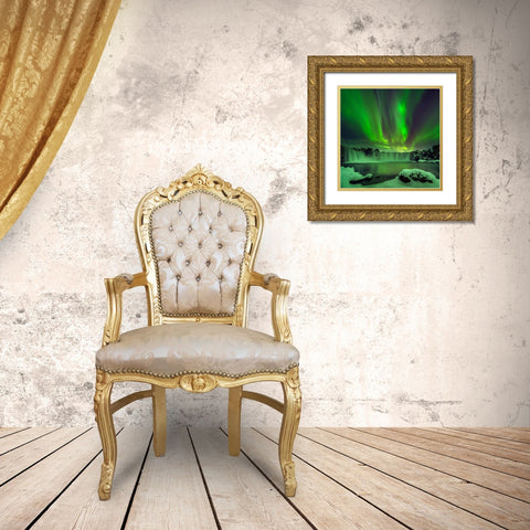 Northern Light Over Godafoss Gold Ornate Wood Framed Art Print with Double Matting by Zhu, Hua