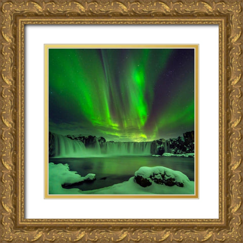 Northern Light Over Godafoss Gold Ornate Wood Framed Art Print with Double Matting by Zhu, Hua
