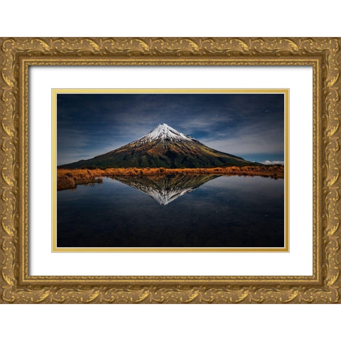 Mount Taranaki - A Starry Night Gold Ornate Wood Framed Art Print with Double Matting by Zhang, Yan