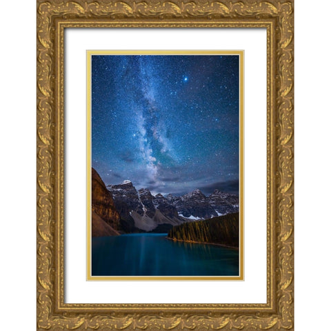 Moraine Lake Under The Night Sky Gold Ornate Wood Framed Art Print with Double Matting by Zheng, Michael