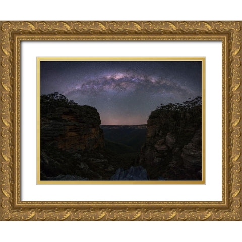 Night Sky Over Blue Mountains Gold Ornate Wood Framed Art Print with Double Matting by Zhang, Yan