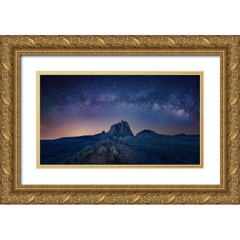 Ship Rock Under The Night Sky Gold Ornate Wood Framed Art Print with Double Matting by Zheng, Michael