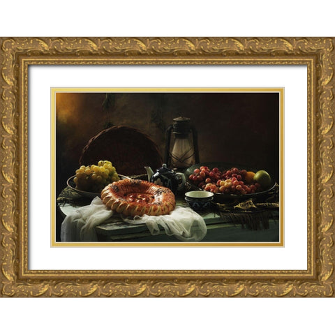 Stilllife  With Cake And Grapes Gold Ornate Wood Framed Art Print with Double Matting by Ustinagreen