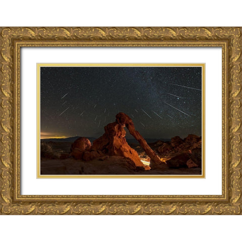 Geminid Meteor Shower Above The Elephant Rock Gold Ornate Wood Framed Art Print with Double Matting by Zhu, Hua