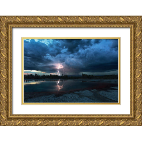 Lightning Above Turquoise Pool Gold Ornate Wood Framed Art Print with Double Matting by Fu, Annie