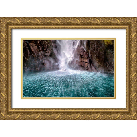 Stirling Falls Along Milford Sound Gold Ornate Wood Framed Art Print with Double Matting by Hua